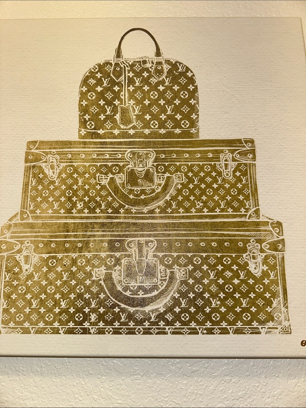 Oliver Gal Louis Vuitton Gold Monogram Trunk Stack Canvas